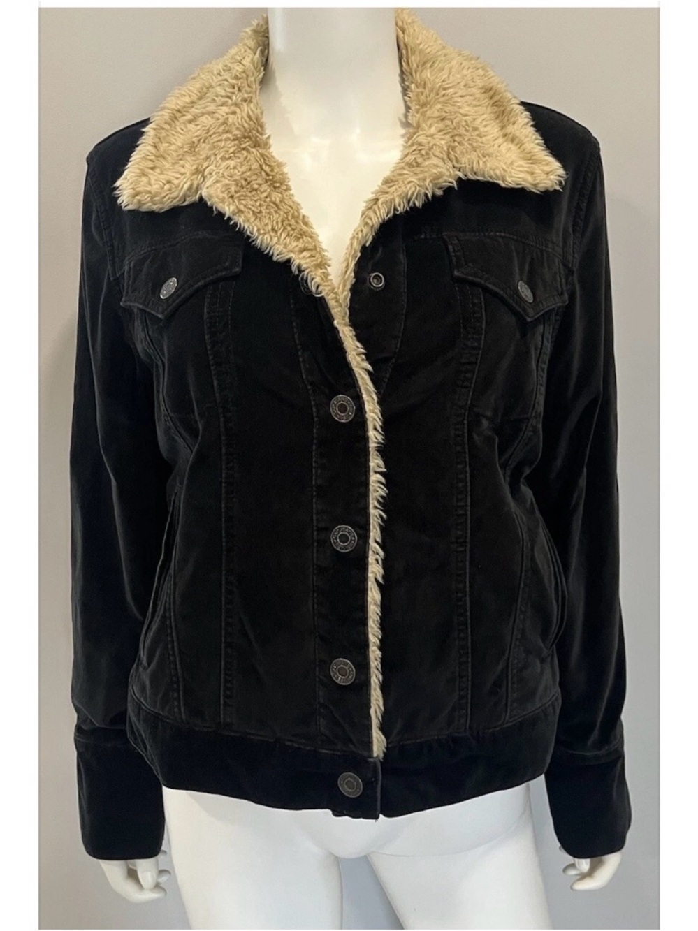 GAP Black Velvet Jean Jacket with Cream Sherpa Collar